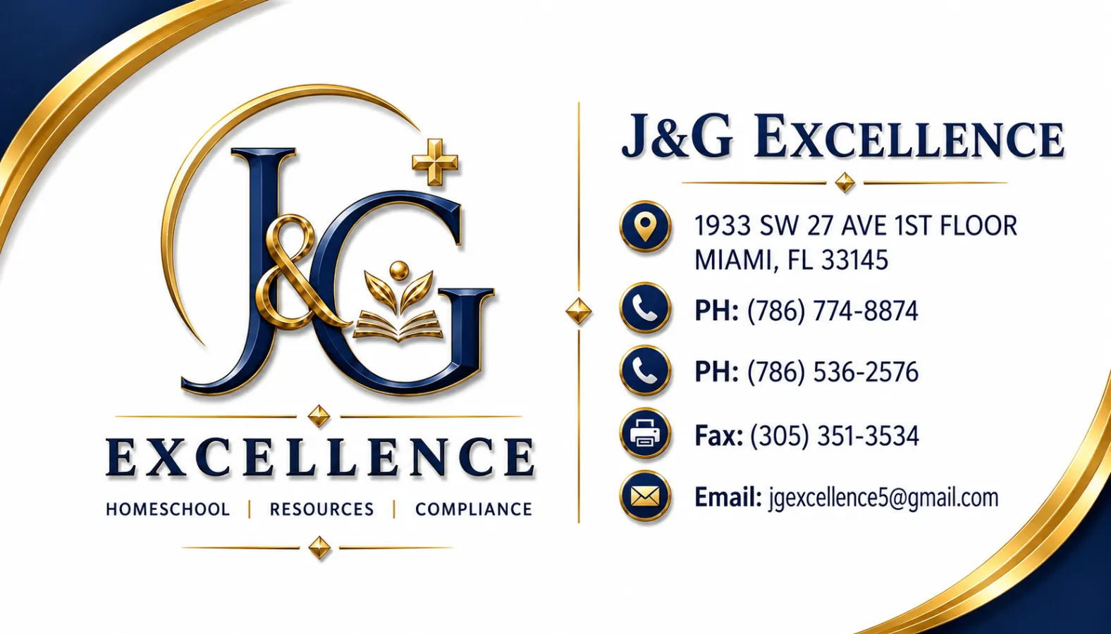 J&G Excellence logo with homeschool, resources, compliance, and Miami contact information